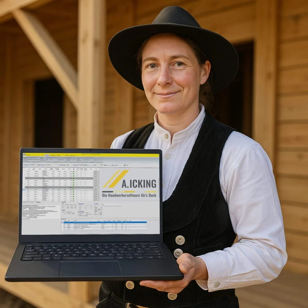 Leistungsverzeichnis in der Praxis Zimmerin erstellt ein Leistungsverzeichnis mit Leistungen Dach am Laptop